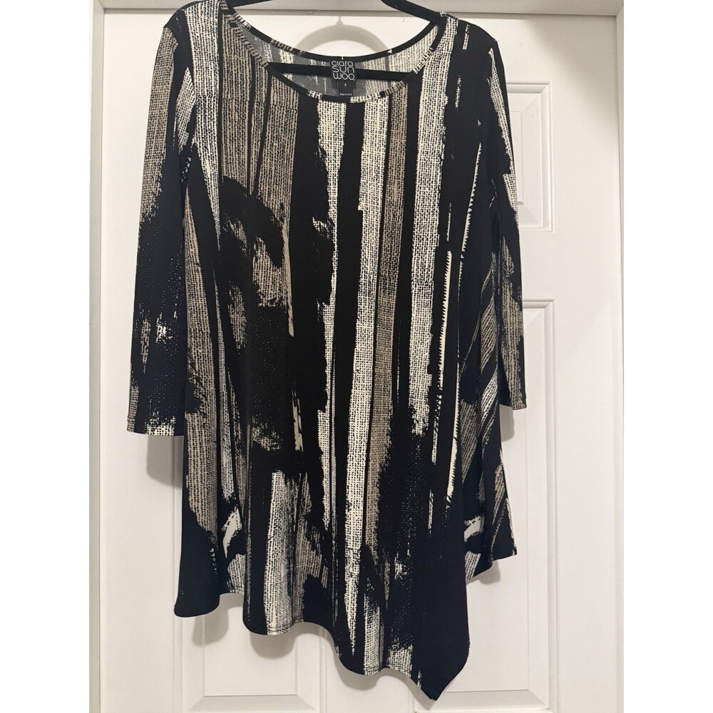 Clara Sun Woo Tunic Top Black Artsy Asymmetric Hem Flowy S Abstract Lagenlook
